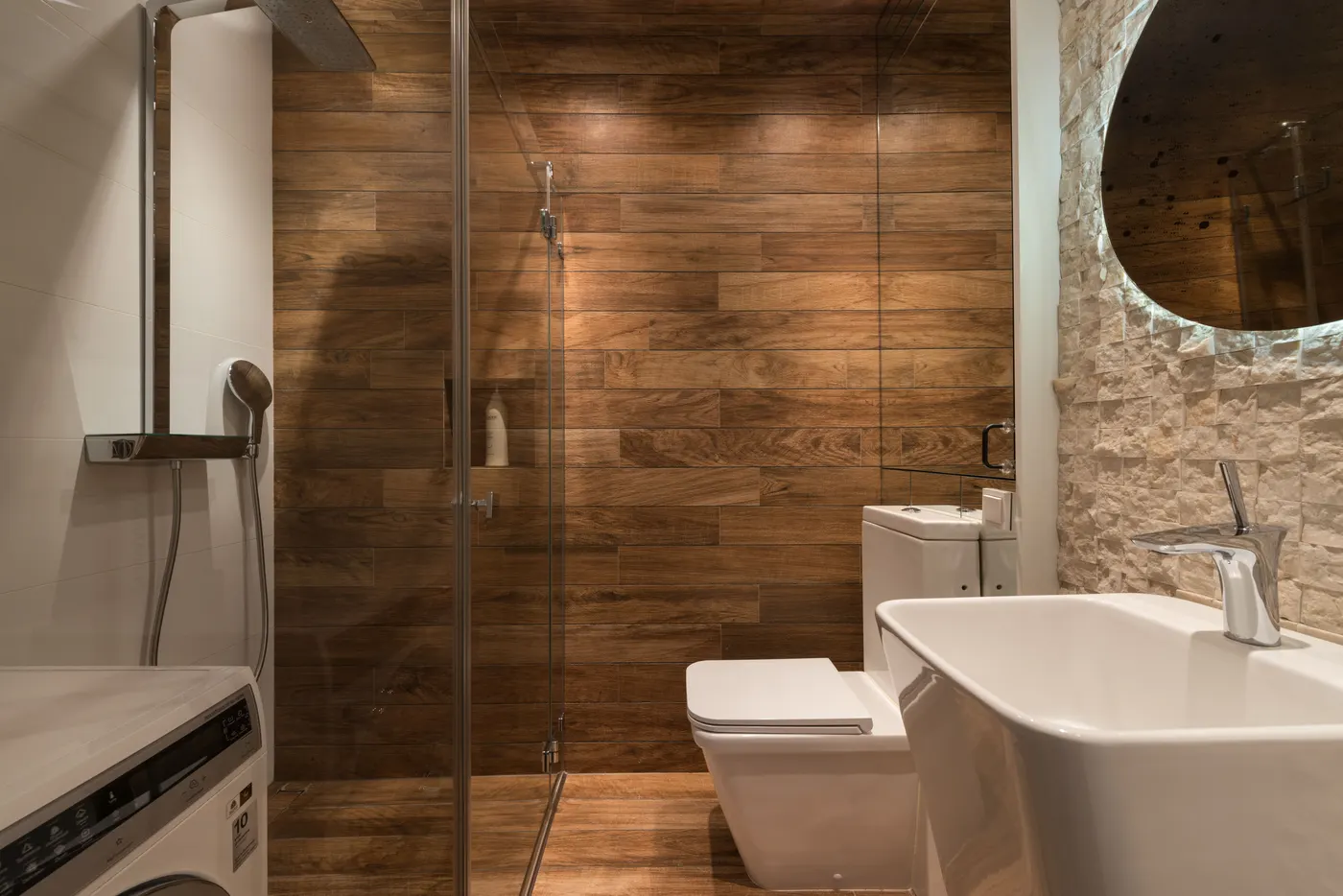 Bathroom design reference with timber-look shower wall and freestanding bath